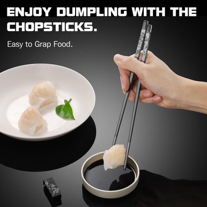 TIICOO Dragon & Phoenix Stainless Steel Chopsticks Set - 4 Pairs 18/8 (304) Metal Chopsticks with Holder - Chinese Traditional Gift Set, Non-Slip, Dishwasher Safe, Elegant Black Gift Box