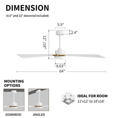 WINGBO 64 Inch Ceiling Fan with Light and Remote, 5 Plywood Blades, 6-Speed Reversible DC Motor, Dimmable, 3CCT, Modern Ceiling Fan for Bedroom Living Room Kitchen, Gold and White