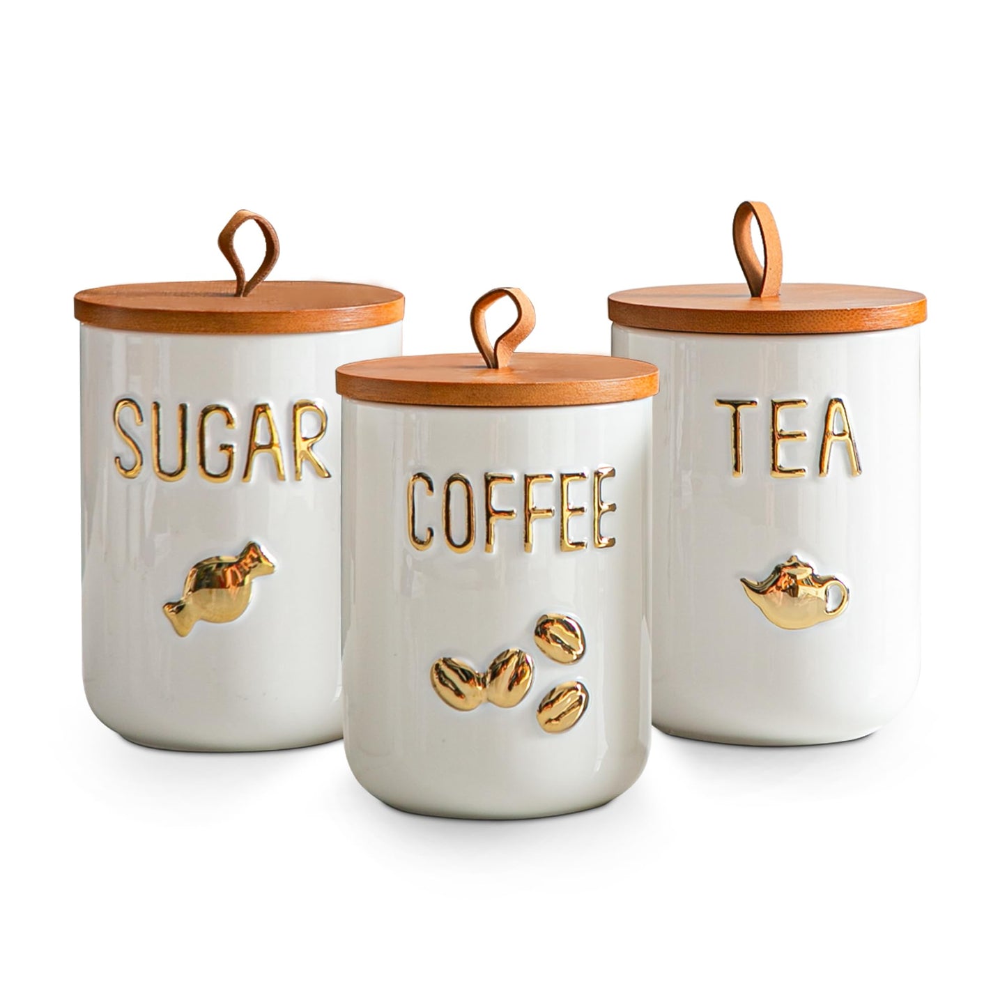 Sowlvenco White Ceramic Canister Set for Coffee Tea Sugar, 3-Piece Food Storage Jars with Wood Airtight Lids, Decorative Small Container for Kitchen Pantry Counter - 25oz