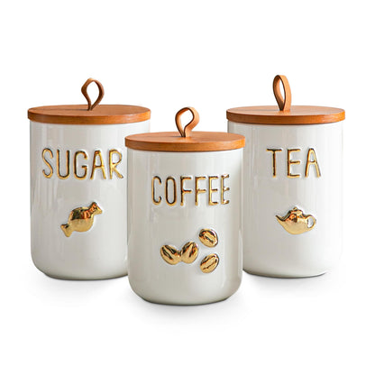 Sowlvenco White Ceramic Canister Set for Coffee Tea Sugar, 3-Piece Food Storage Jars with Wood Airtight Lids, Decorative Small Container for Kitchen Pantry Counter - 25oz