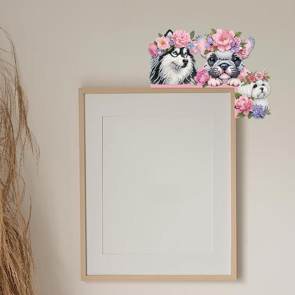 C'eitura Dog with Pink Flower Collar Diamond Painting on Wood, 5D DIY Custom Door Topper for Home Entryway Decor, Cute Animal Wall Art