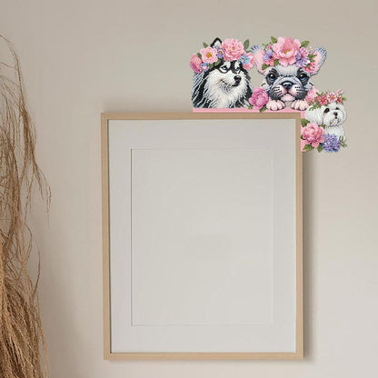 C'eitura Dog with Pink Flower Collar Diamond Painting on Wood, 5D DIY Custom Door Topper for Home Entryway Decor, Cute Animal Wall Art