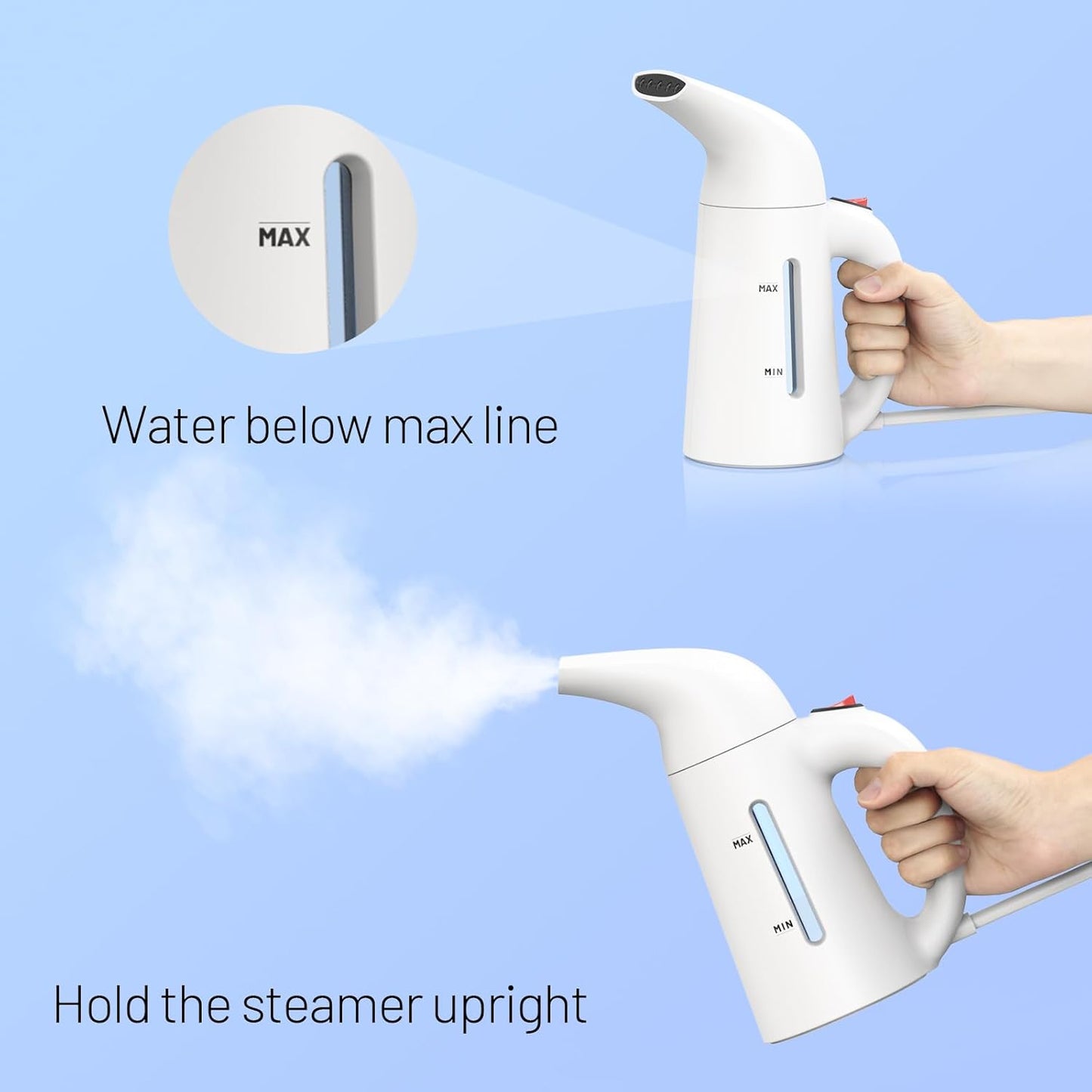 Handheld Garment Steamer for Clothes, Portable Wrinkle Remover, 230ml Capacity, 12 Minutes Continuous Steam, Mini, White