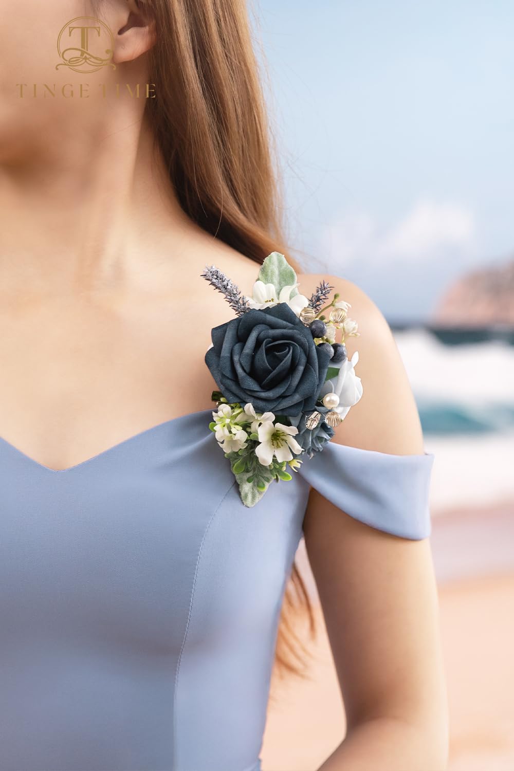 TINGE TIME Artificial Shoulder Corsages Flowers, Set of 2, Mother of The Bride Floral Corsage for Wedding Ceremony Anniversary Formal Dinner Party (Dusty Blue)