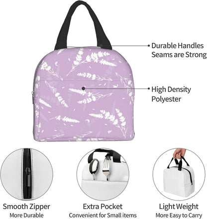 Reusable Lunch Box - Cute Lavender Flowers Light Purple Cooler Tote for Travel Picnic, Insulated Durable Shopping