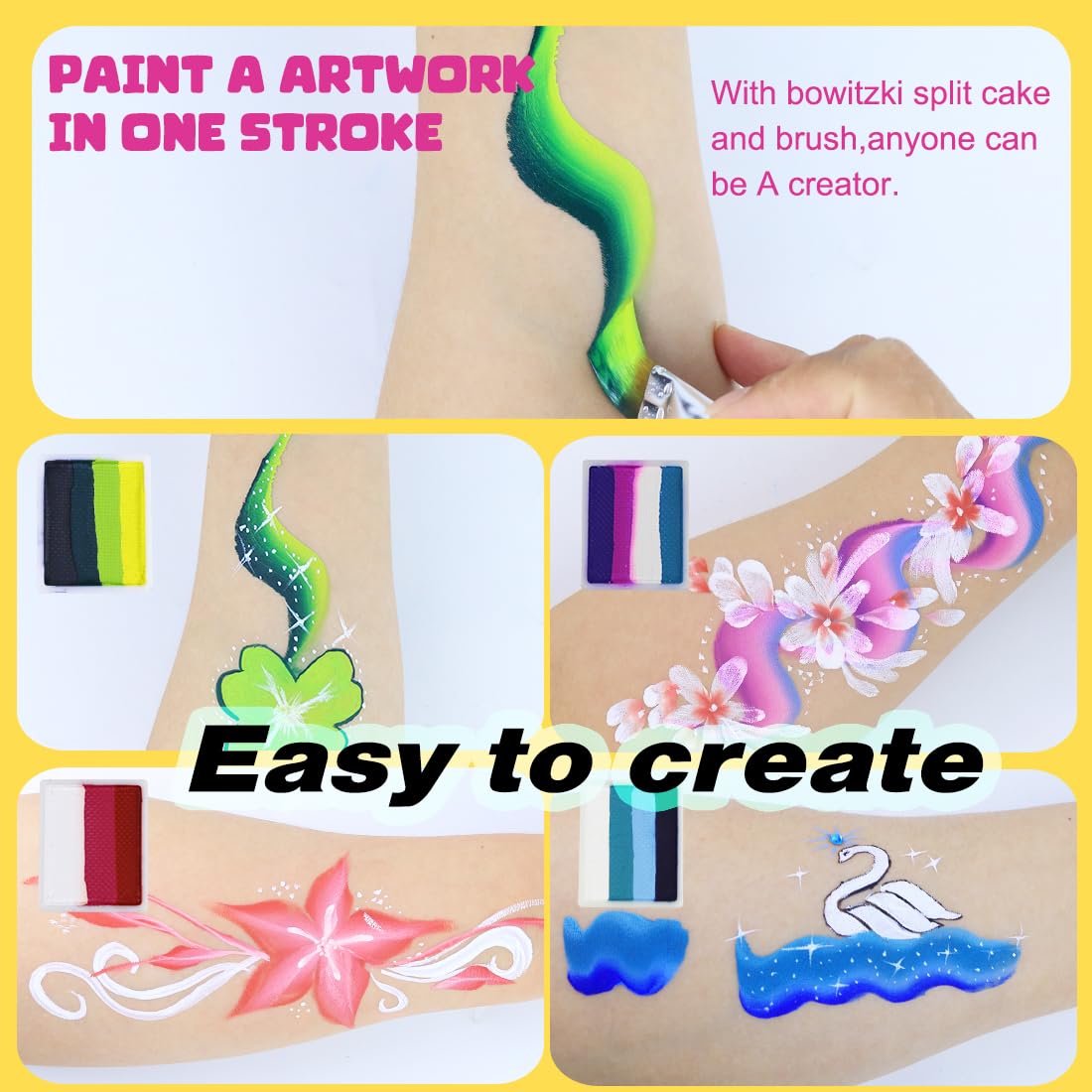 Bowitzki Face Paint Kit Professional Split Cake Face Painting Set 12x10 gm with Stencil One Stroke Non Toxic Safe Rainbow Flora Dolphin Unicorn Flame Body Paint Halloween Christmas Makeup