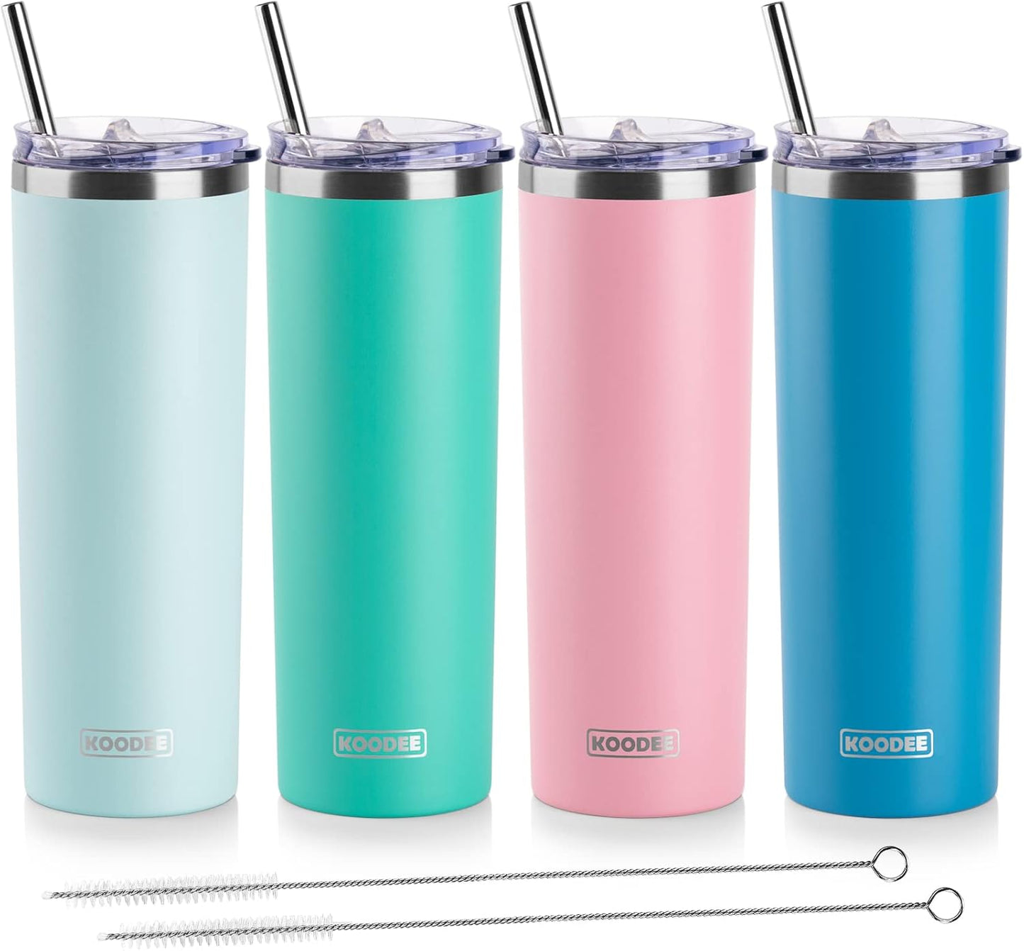 20 oz Tumbler(4 Pack) koodee Stainless Steel Skinny Double Wall Insulated Water Tumbler Cup with Lids, Straws and Straw