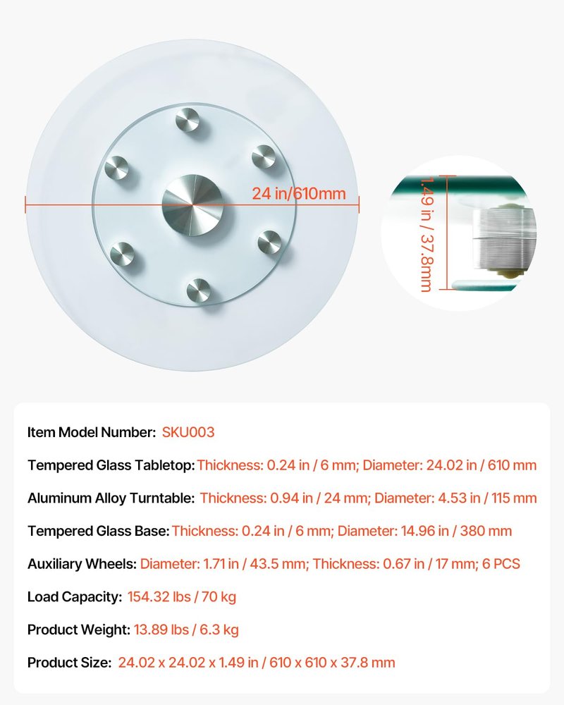 VEVOR 24 in Glass Lazy Susan Turntable, Tempered Glass Dining Table Centerpiece with 6 Rotating Wheels, 360° Smooth and Silent Spin Tabletop Rotating Tray, for Family Gatherings, Banquets & Weddings