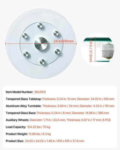 VEVOR 24 in Glass Lazy Susan Turntable, Tempered Glass Dining Table Centerpiece with 6 Rotating Wheels, 360° Smooth and Silent Spin Tabletop Rotating Tray, for Family Gatherings, Banquets & Weddings