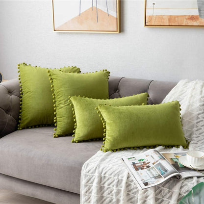 DEZENE Couch Pillow Cases 12x20 Chartreuse: 2 Pack Soft Pom-poms Velvet Rectangular Throw Pillow Covers