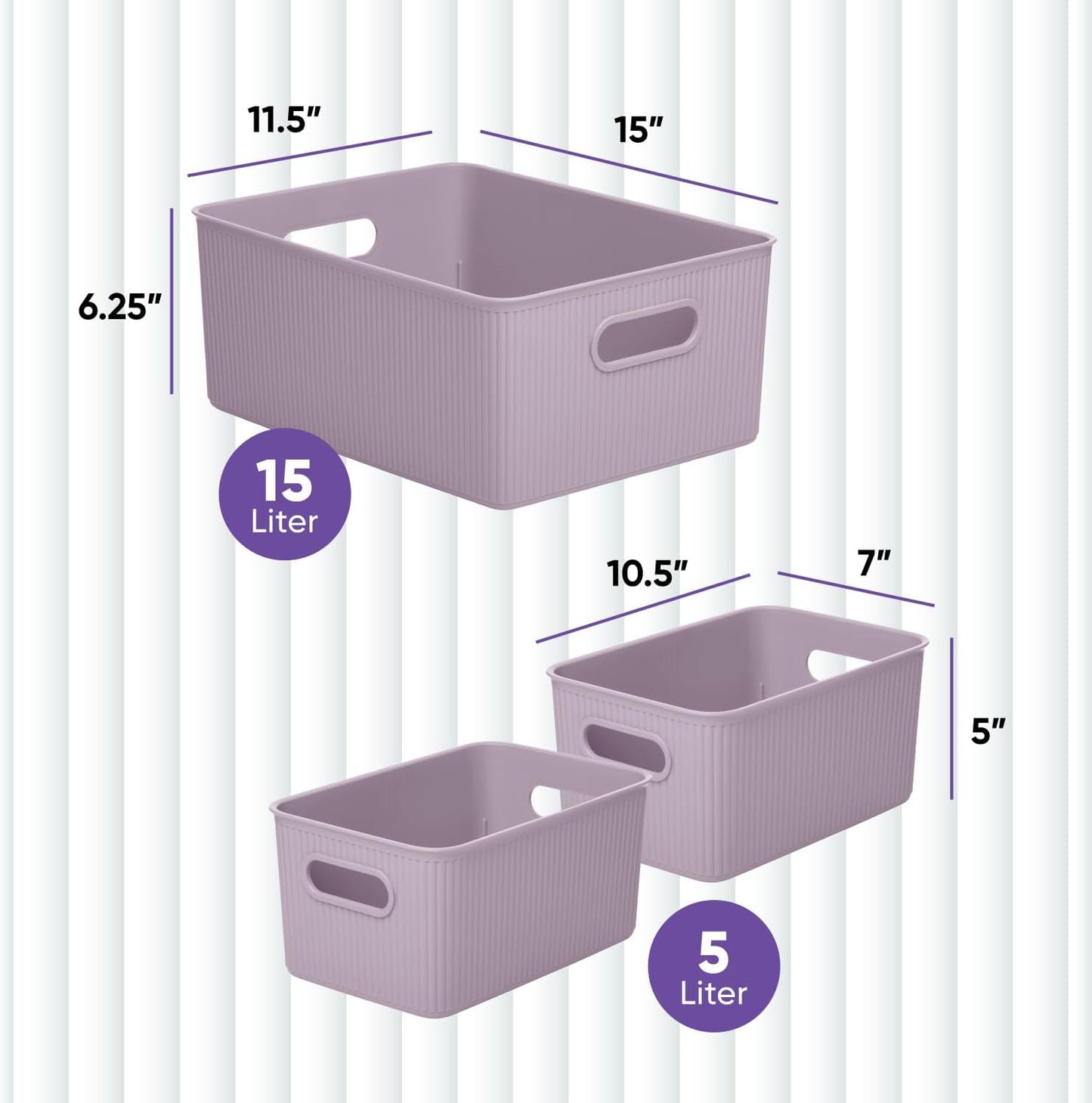 Superio Ribbed Collection - Decorative Plastic Open Home Storage Bins Organizer Baskets, Lilac Purple (Set of 3) 1