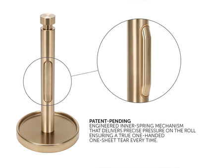Ivilon Countertop Paper Towel Holder - Weighted Heavy Duty Steel Stand with Non-Slip Base for a Steady One-Handed One Sheet Tear - Fits All Rolls - Warm Gold
