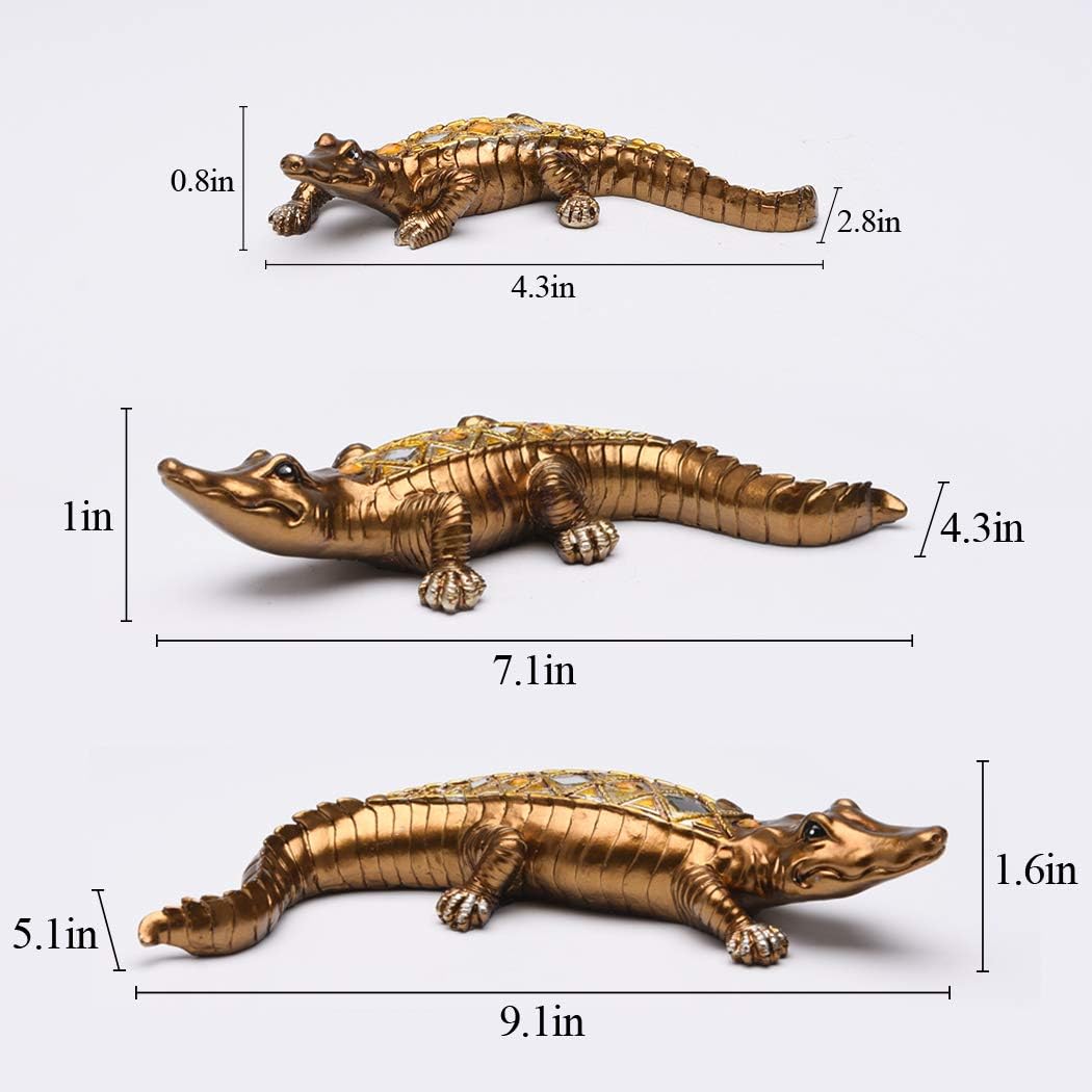BRASSTAR Three Crocodile Statue, Resin Golden Royal Alligator Family Figurine, Home Office Art Decoration