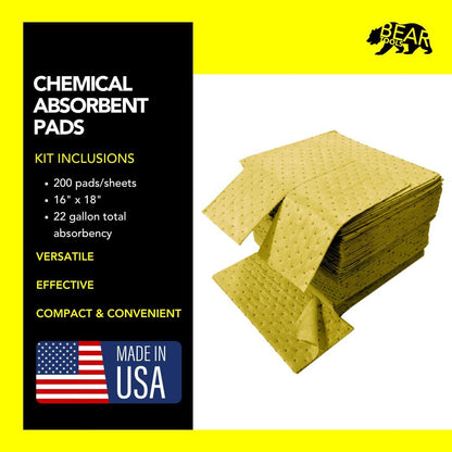 Chemical Absorbent Pads - Absorb Agressive Chemicals, Acids, Alkalis - Spill Control Sheets - 16" x 18", 100 Sheets, Sonic Bonded Core with Spun Bound Top Layer, Yellow - Indoor/Outdoor Use