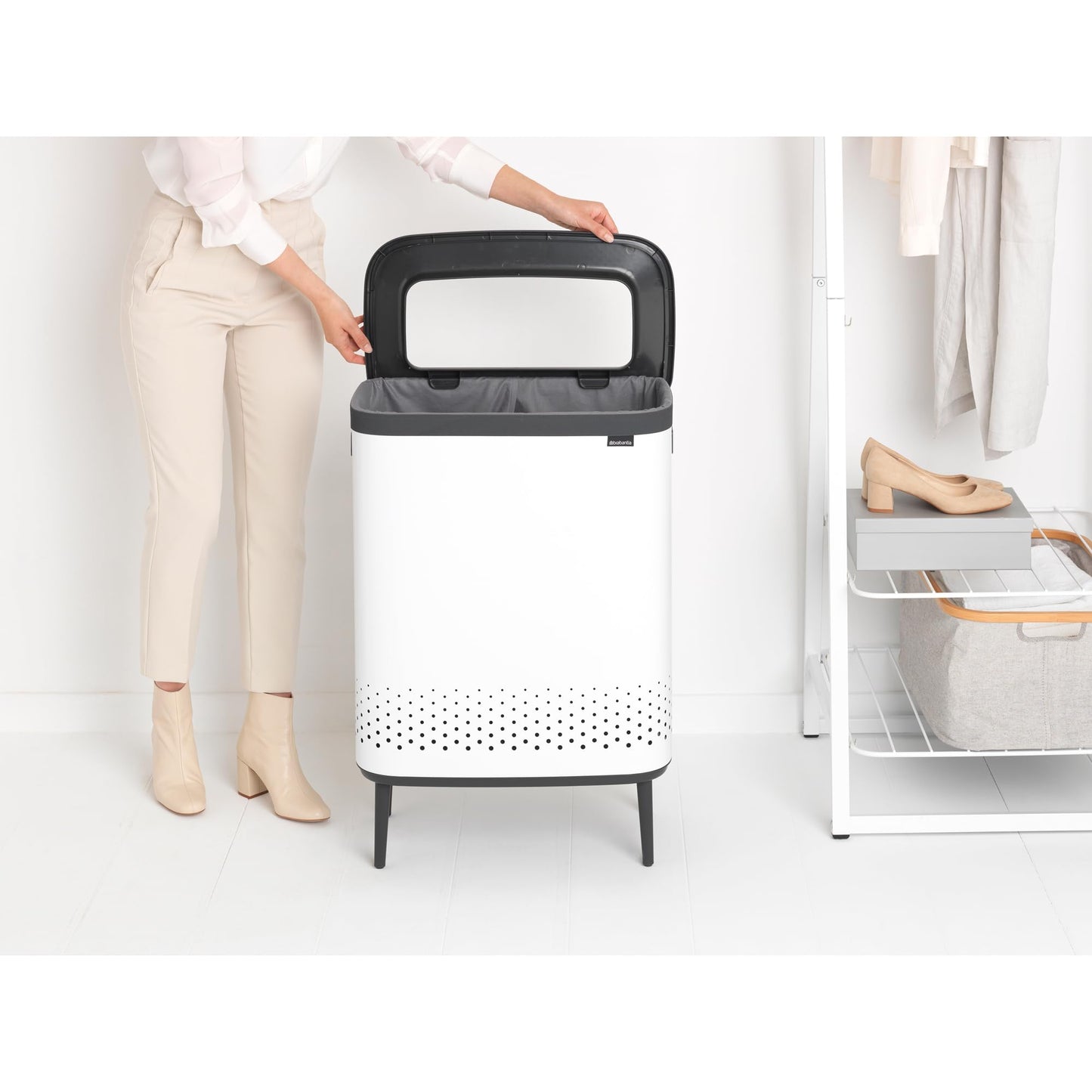Brabantia Bo Laundry Hamper Hi (White) 2 Compartment Removable Laundry Bag 2 x 12 Gal, Ventilated Stylish Dirty Clothes Holder, Flat Back, Off-the Ground, Anti-Rust Materials for Bathroom Use