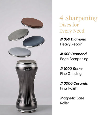 Lebof Rolling Knife Sharpener with Diamond Disc, Magnetic Base with 4 Sharpening Angles, Aluminum Alloy Body, Anti-Slip