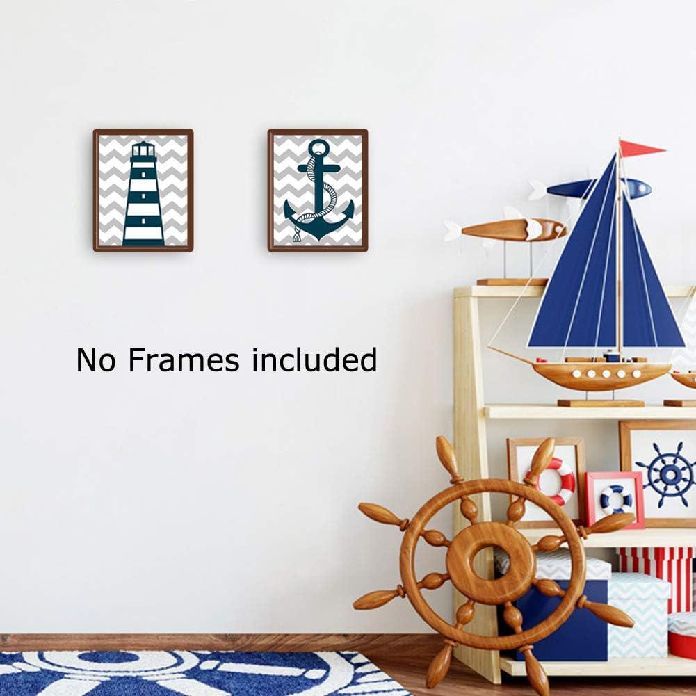 HPNIUB Nautical Art Print Set of 3 (8”X10”), Lighthouse, Steering Wheel, Anchor, Navigation Print for Baby Boy