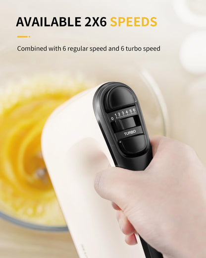 SHARDOR Hand Mixer Electric, 6 Speed & Turbo Mixer Electric Handheld, Snap-On Storage Case,5 Stainless Steel Accessories for Whipping, Mixing Cookies, Brownie, Cakes, Dough Batters, White