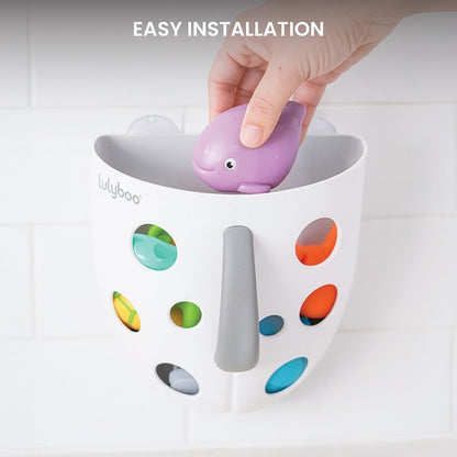 Lulyboo Baby Bath Toy Holder with No-Slip Suction Cups, BPA-Free Drainage Bin, Easy Clean Wall Organizer, White & Grey, Keeps Bathroom Clutter-Free & Safe for Kids