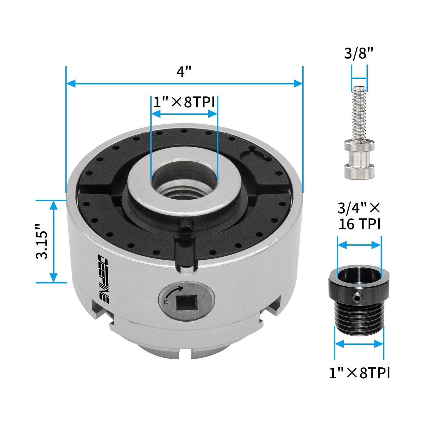 DEEFIINE 4 Inch Wood Lathe Chuck Set 1" x 8TPI Thread & 3/4"x16TPI Adapter, Nickel Plated Self-Centering 4 Jaw Wood Turning Chuck.(4 jaw)
