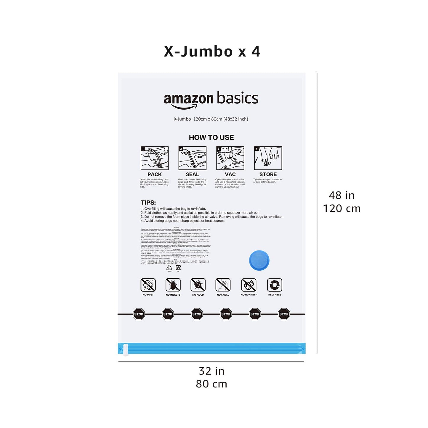 Amazon Basics Vacuum Storage Bags for Blankets, Vacuum Compression Space Saving Storage Bags with Hand Pump for Clothes Packing, X-Jumbo, 4-Pack
