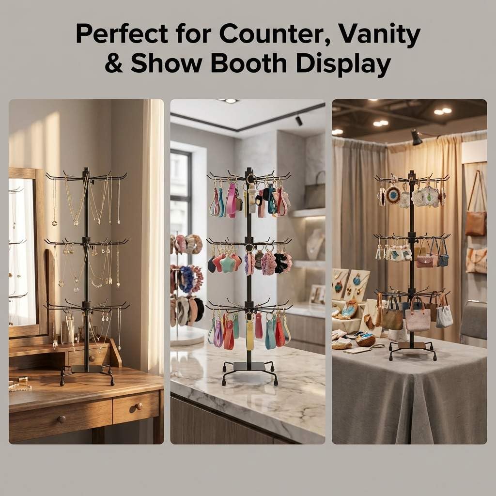 QWORK 3-Tier Rotating Metal Jewelry Display Stand – Adjustable Tabletop Holder for Necklaces, Earrings & Key Rings