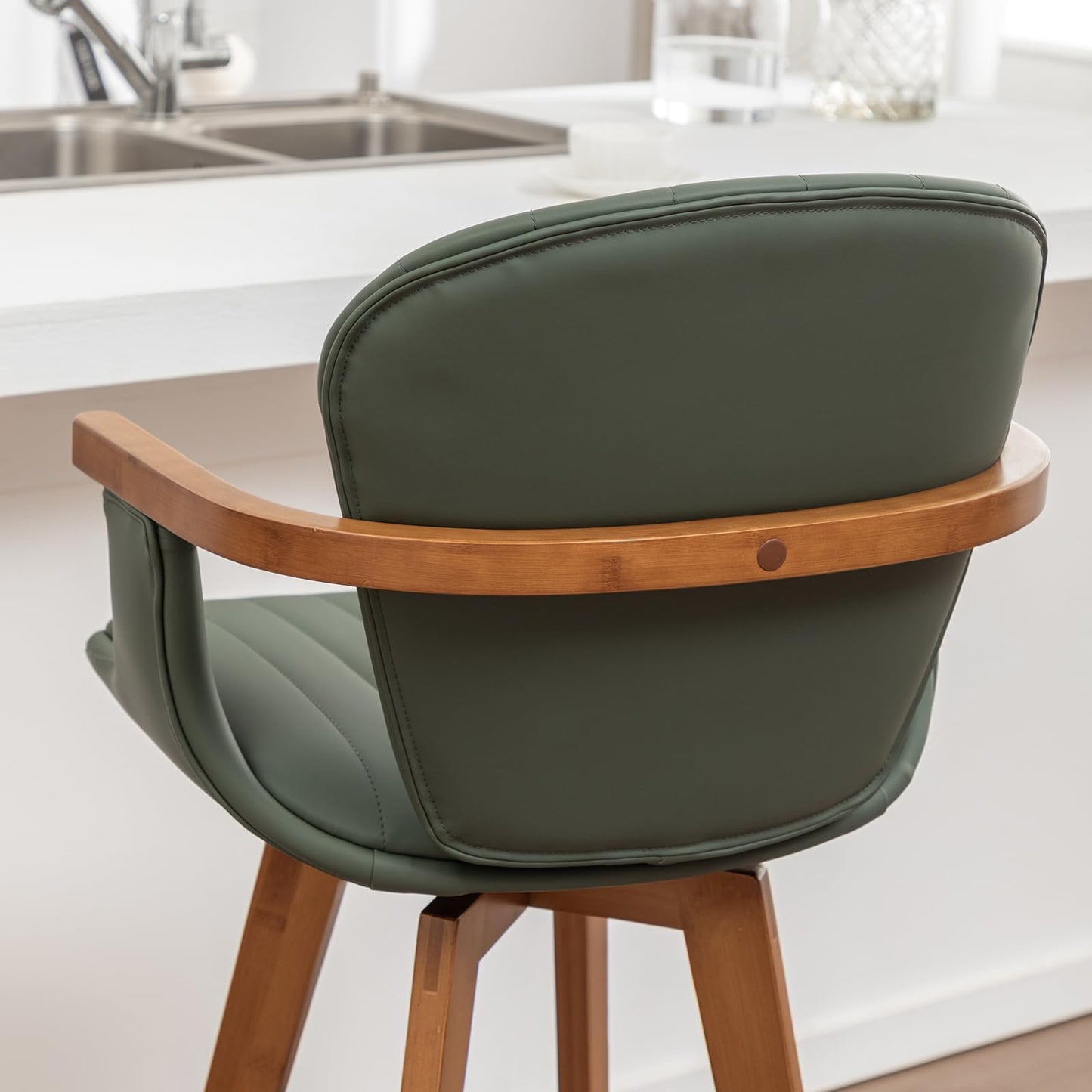 LUNLING 30” Bar Height Stools Set of 3.Mid Century Modern Bar Stools,Green PU Leather Kitchen Island Stools,Wood High Barstools Swivel with Back and Arms for Home Bar Furniture