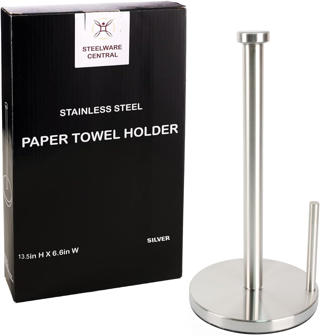 Paper Towel Holder with Side Rod, Stainless Steel Easy Tear Dispenser for Kitchen Countertop Tabletop