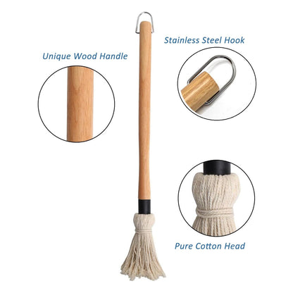 Basting Mops Brush Set for BBQ Grilling 15.5" & 11.2" - Detachable Wooden Handle Sauce Brushes with 4pcs Extra Replacement Heads & 1 Silicone Brush - BBQ Mop for Outdoor Cooking, Camping