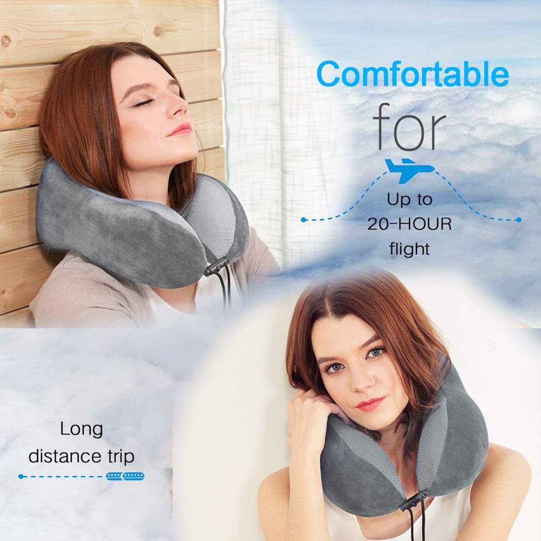 Travel Pillow, Best Memory Foam Neck Pillow for Sleeping, Airplane Car & Home Use (Grey)
