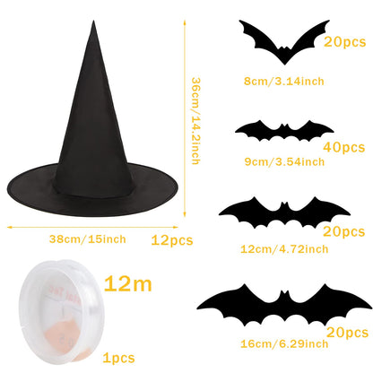 CCINEE 12 Pcs Halloween Decoration Witch Hats, Bulk Hanging Witch Costume Caps Accessories with 120 Pcs Bat Wall Stickers for Halloween Themed Party Yard Decoration
