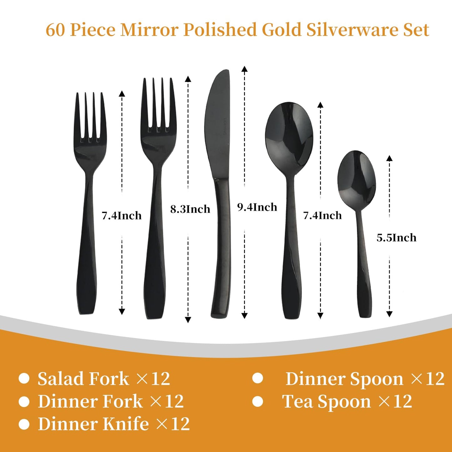 LIDEYING Black 60 Piece Silverware Set,Stainless Steel Flatware Set for 12,18/0 Rust-Proof Cutlery Set with Forks & Spoons,Mirror Polished Dishwasher Safe - Heavy Duty Tableware for Home & Dining