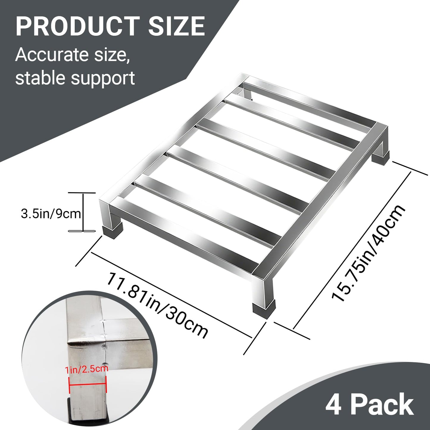 Zepkouel 4 Pack Dunnage Rack,15.7"X11.8"X3.5" Stainless Steel Dunnage Racks,Kitchen Basement Garage Storage Racks,1000 lbs Capacity (4)