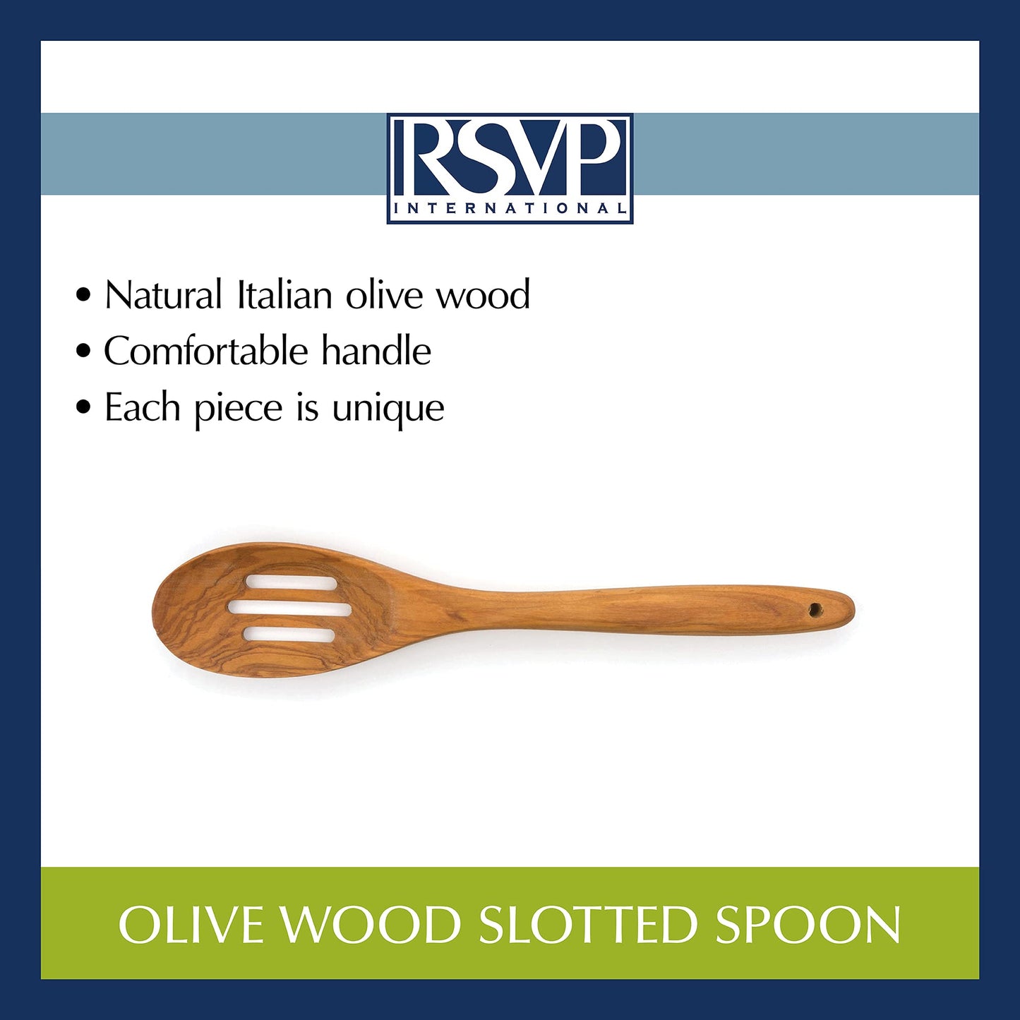 RSVP International Olive Wood Slotted Spoon, 12" | Rustic, Natural Authentic Italian Olive Wood | Classic Style for Kitchens, Tables, & More | Functional for Stirring Sauces, Pasta, & More