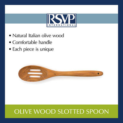 RSVP International Olive Wood Slotted Spoon, 12" | Rustic, Natural Authentic Italian Olive Wood | Classic Style for Kitchens, Tables, & More | Functional for Stirring Sauces, Pasta, & More