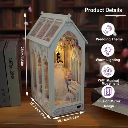 TOPBSFARNY DIY Doll House with Musical Movement, Wedding Theme Book Nook Kit, Illusion Mirror Design Miniature Dollhouse Kit, Booknook Bookshelf Desktop Decor Model Build for Adult Wedding Gift