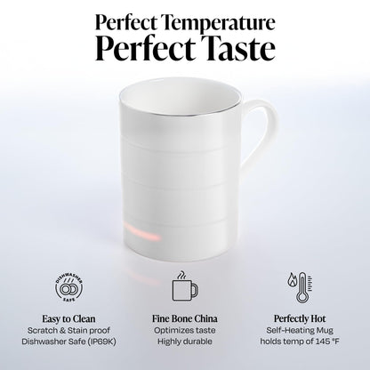 Glowstone Smart Heated Coffee Mug with Wireless Charging Base Self-Heating Made from Fine Bone China Electric Coffee Mug and Self Heating Mug Keeps Drinks Hot Stay Hot Electric Coffee Mug (White)