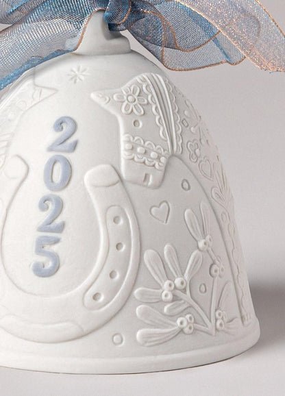 LLADRÓ Blue 2025 Christmas Bell. Decorative Ornament in Matte Porcelain with Blue Details. Porcelain Christmas Bell