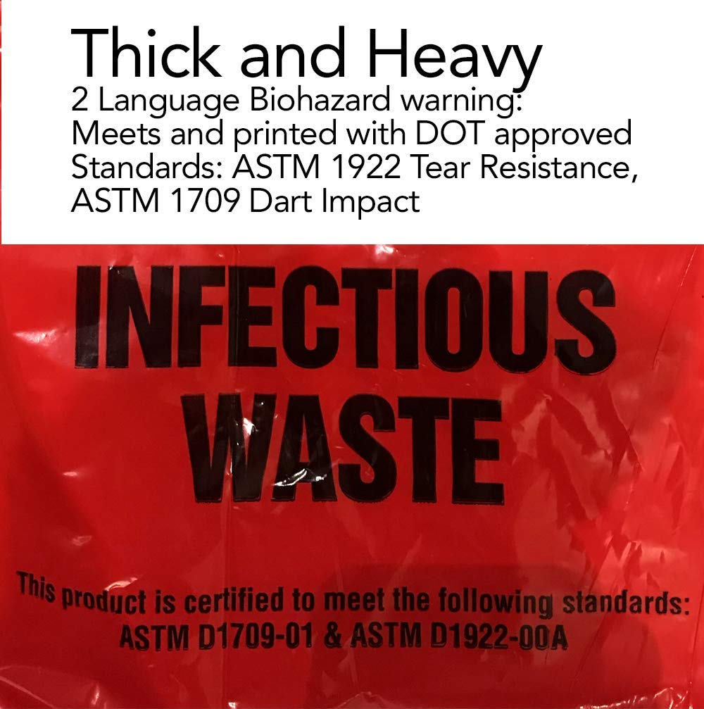 RESILIA Biohazard Bags - Hazardous Waste Disposal, Meets DOT ASTM Standards for Hospital Use, OSHA Approved, Red, 33 Gallon, 29" W x 43" L, 1.1 Mil, 0.0011 Inch, 20 Bags, Made in the USA