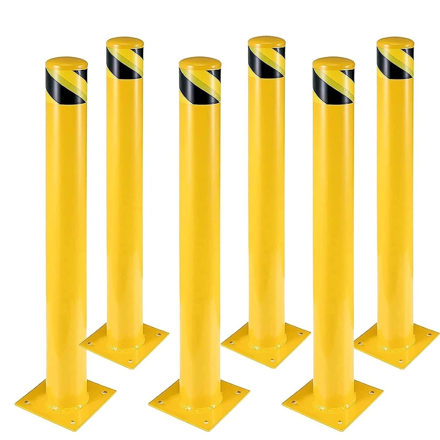 6Pcs 48 Inch Safety Bollard Post, 4.5 Inch Diameter Steel Pipe Bollard with 24 Anchor Bolts, Heavy Duty Yellow Steel Bollard for Parking Lot Security, Driveway Barrier, Traffic-Sensitive Areas