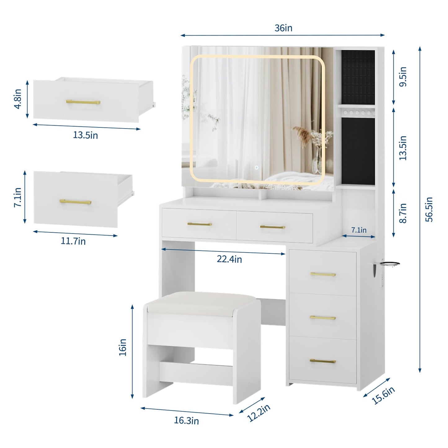 IDEALHOUSE Vanity Desk with Mirror and Lights, Makeup Vanity Set with Drawers & Chair, 3 Light Mode and Brightness Adjusted & Power Outlet, Dressing Table with Hairdryer Holder for Bedroom