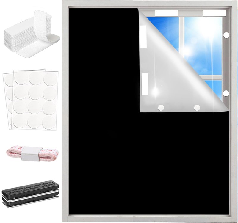 100% Blackout Window Cover Curtains for Bedroom 57x40Inch,No Drill,DIY Cut Portable Removable Black out Shades Blinds Cover for Baby Nursery,RV,Media Room,Hook&Loop Tape Straps Stickers,Magnetic Clips