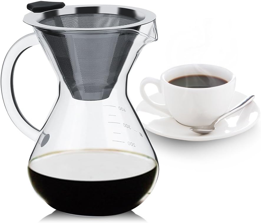 Glass Hand Drip Coffee Maker Pot, 400ML with Stainless Steel Permanent Filter and Scale