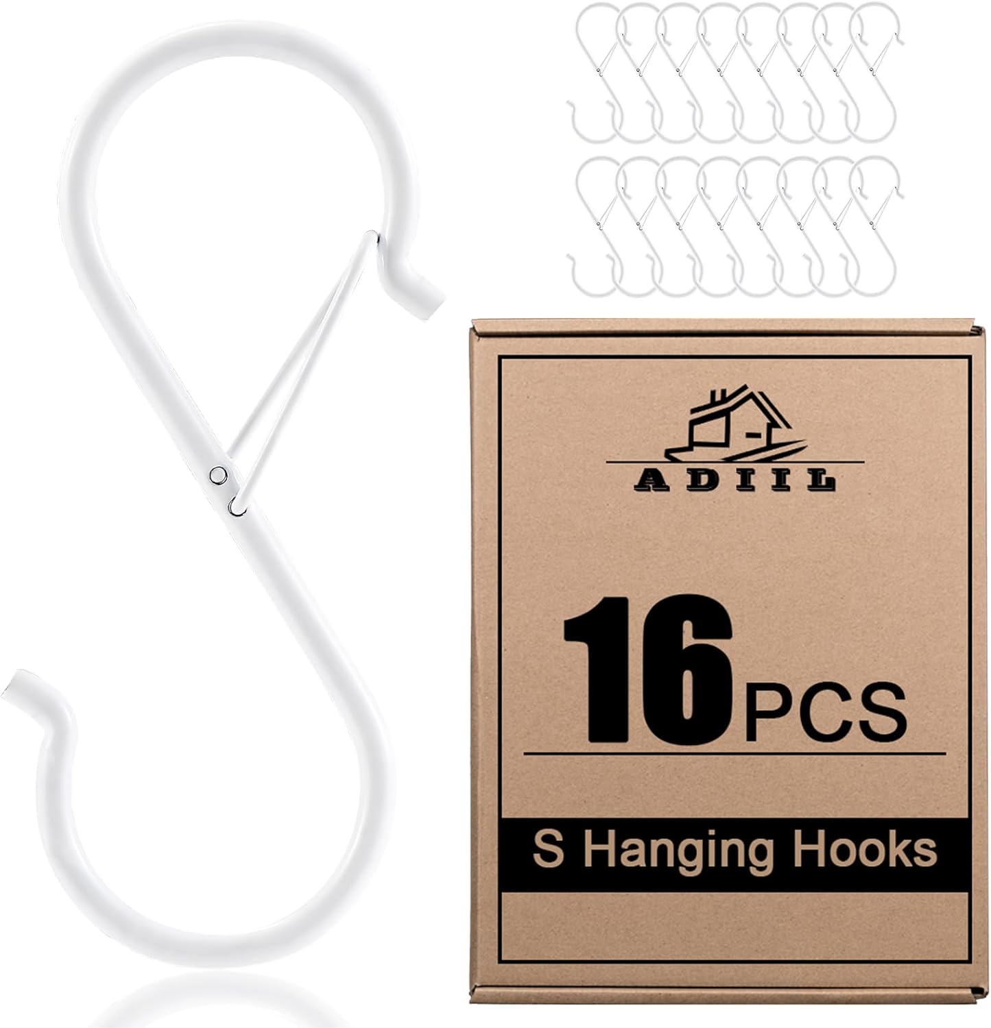 ADIIL 16 Pcs S Hooks for Hanging, Heavy Duty Metal S Shaped Closet Hooks for Plants Kitchen Utensils Bags