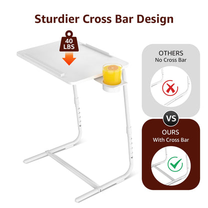 TV Trays Set of 2 - Folding TV Tray Adjustable Dinner Trays for Eating On Couch Wooden Tables Mate Stand Foldable White Desk with Cup Holder Portable