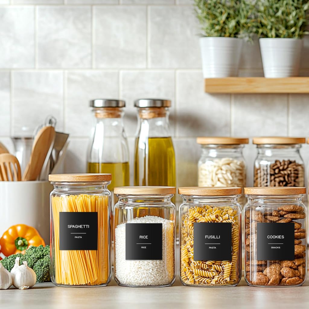 Kuocodall 288 Pantry Labels for Food Containers, Black Preprinted Minimalist Waterproof Stickers for Organizing Storage Bins, Jars and Kitchen