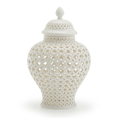 Ginger Decorative Jar with Lid White Porcelain Handcrafted Ceramic Vases for Flowers Traditional Chinese White Carved Lattice Ginger Jar with Lid Decorative Porcelain Vases Temple,White23*38cm