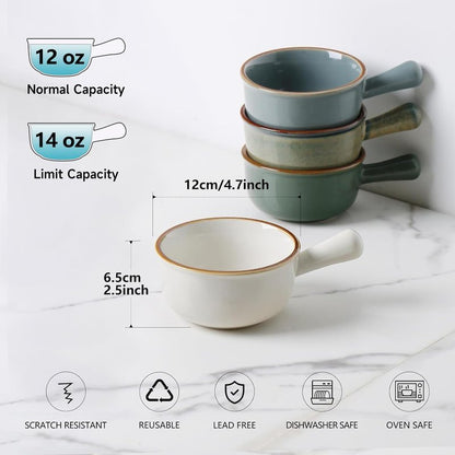 MONITO 26 Oz French Onion Soup Bowls, Ceramic Soup Bowls with Handles, Stackable Soup Crocks, Oven/Microwave/Dishwasher Safe, for Cereal, Soups, Casseroles