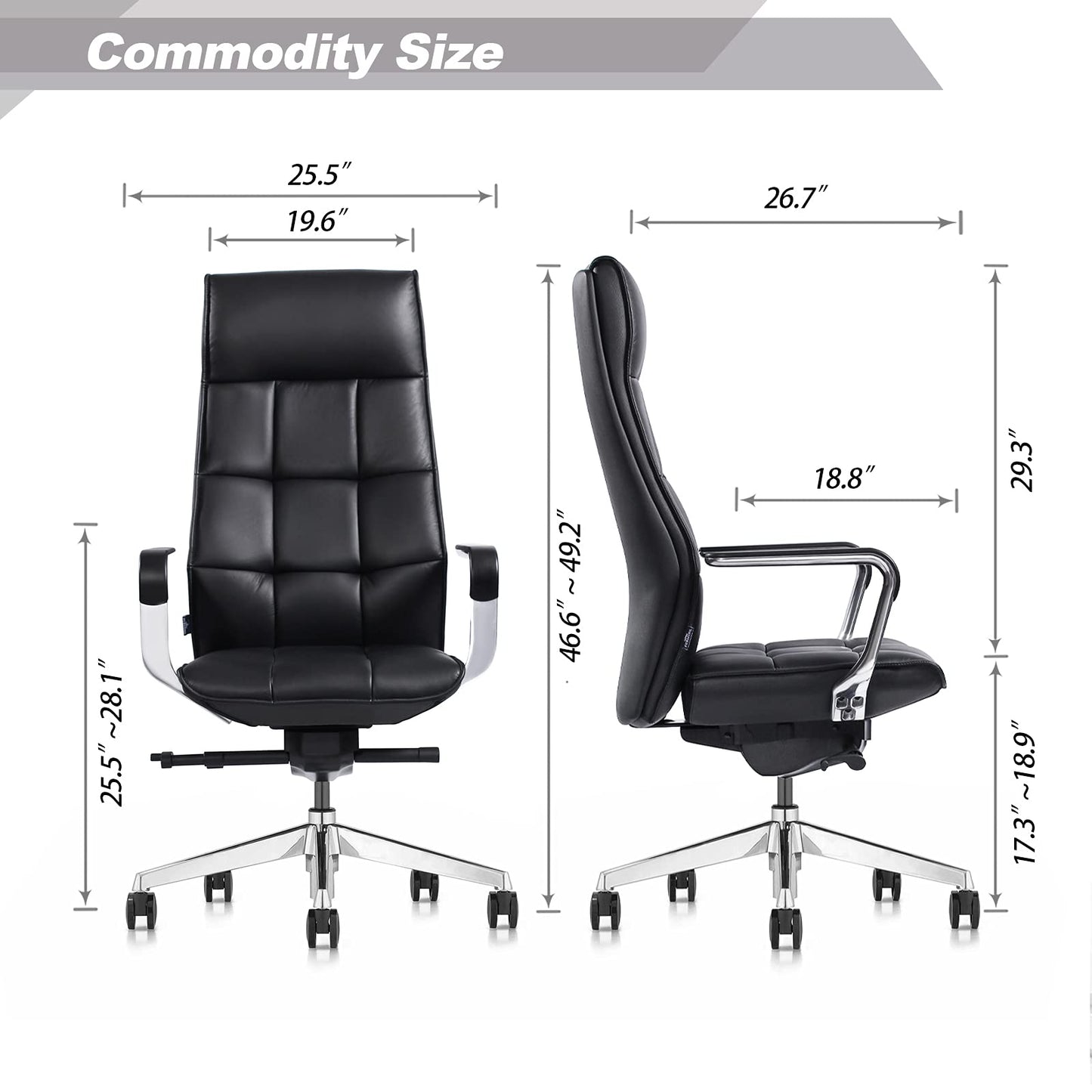 FURIJING Genuine Leather Aluminum Base High Back Executive Chair,Modern Ergonomic Real Leather Office Chair Boss Executive Chair with Synchro-Tilt Mechanism-Black.