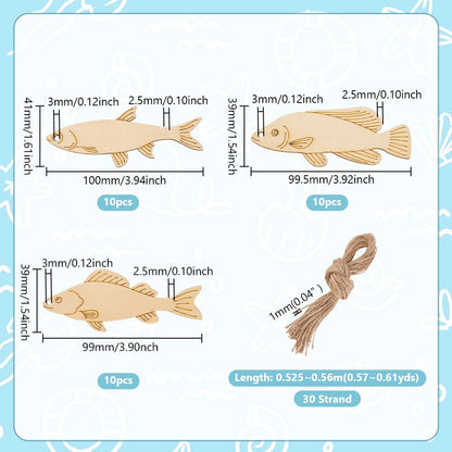 AHANDMAKER 3 Styles 30Pcs Wooden Fish Cutouts, Fish Shape Unfinished Blank Wooden Signs with Hemp Rope, Wood Craft Supplies, Fish Hanging Ornaments for Home Pets Themed Party Decoration DIY Crafts